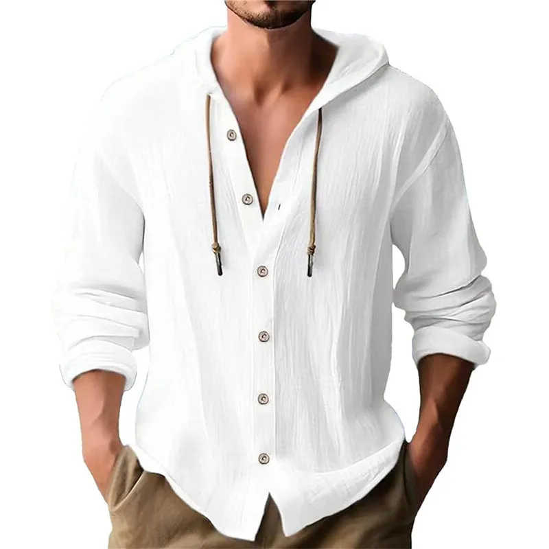 MEN'S SOLID COLOR CASUAL LONG SLEEVED SHIRT HOODED DRAWSTRING COTTON AND LINEN CARDIGAN