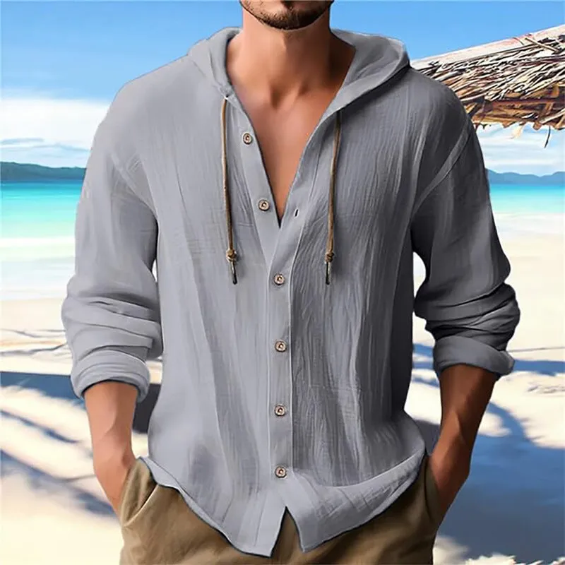 MEN'S SOLID COLOR CASUAL LONG SLEEVED SHIRT HOODED DRAWSTRING COTTON AND LINEN CARDIGAN