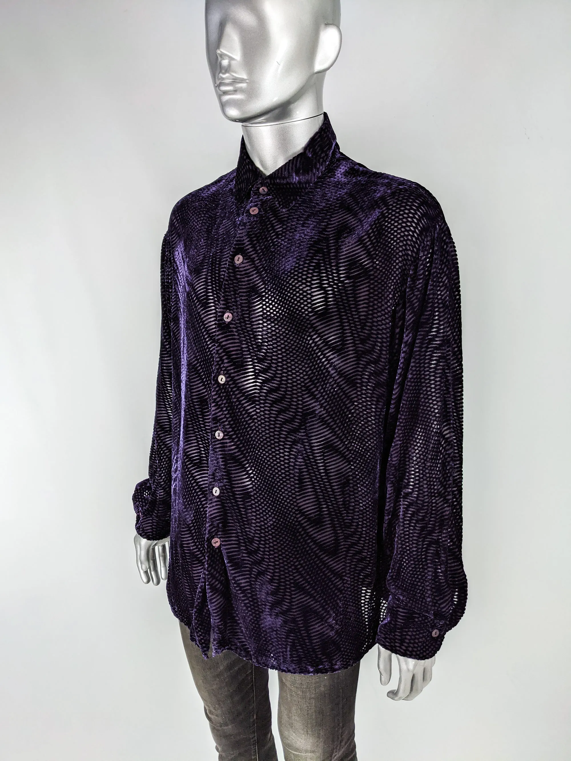 Mens Vintage Purple Semi Sheer Velvet Devoré Shirt, 1990s