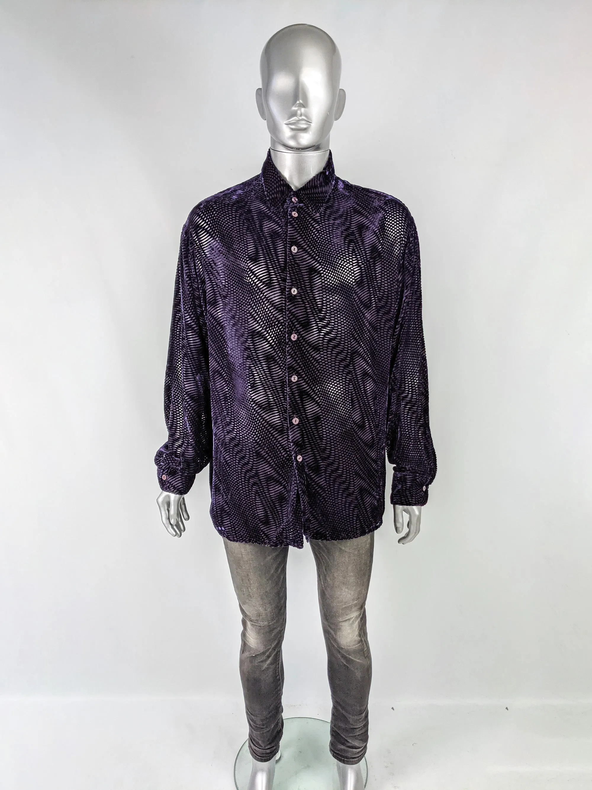 Mens Vintage Purple Semi Sheer Velvet Devoré Shirt, 1990s