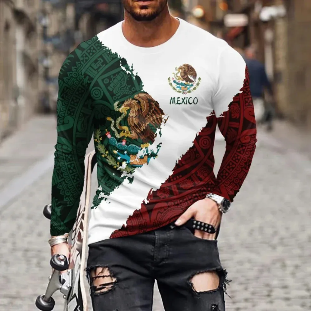 Mexico Eagle Flag Long Sleeve Shirt For Men Fashion 3D Pattern, Gift for Mexican Christmas