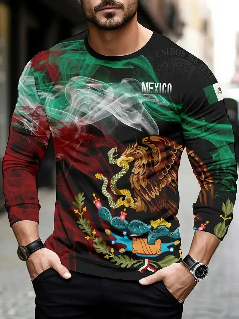 Mexico Eagle Flag Long Sleeve Shirt For Men Fashion 3D Pattern, Gift for Mexican Christmas