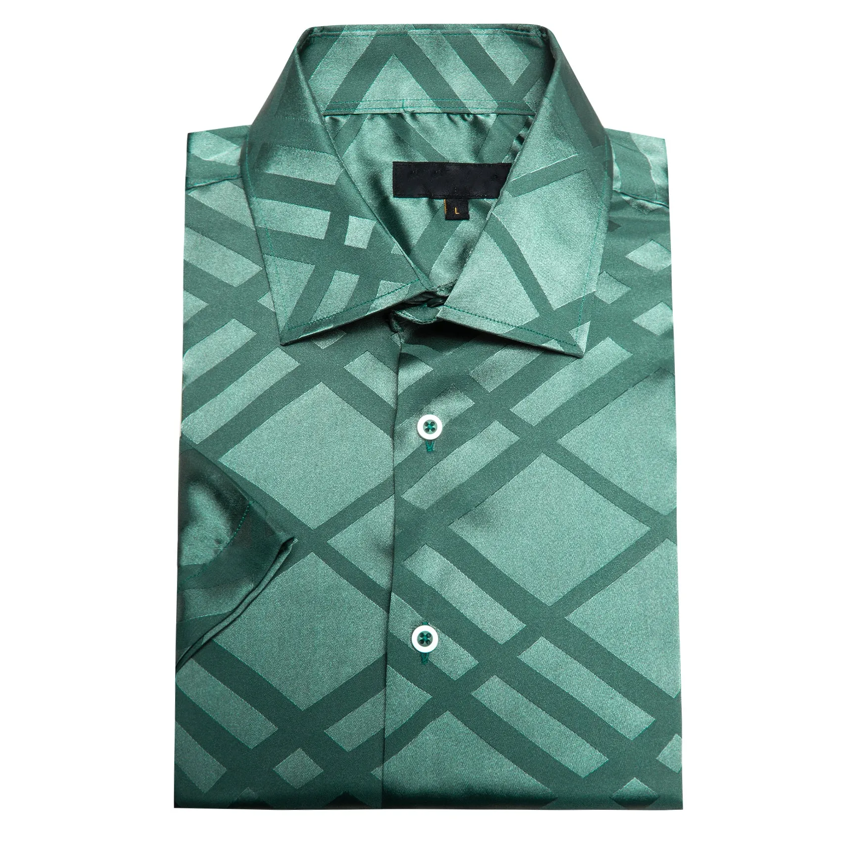 Mint Green Plaid Silk Men's Short Sleeve Shirt