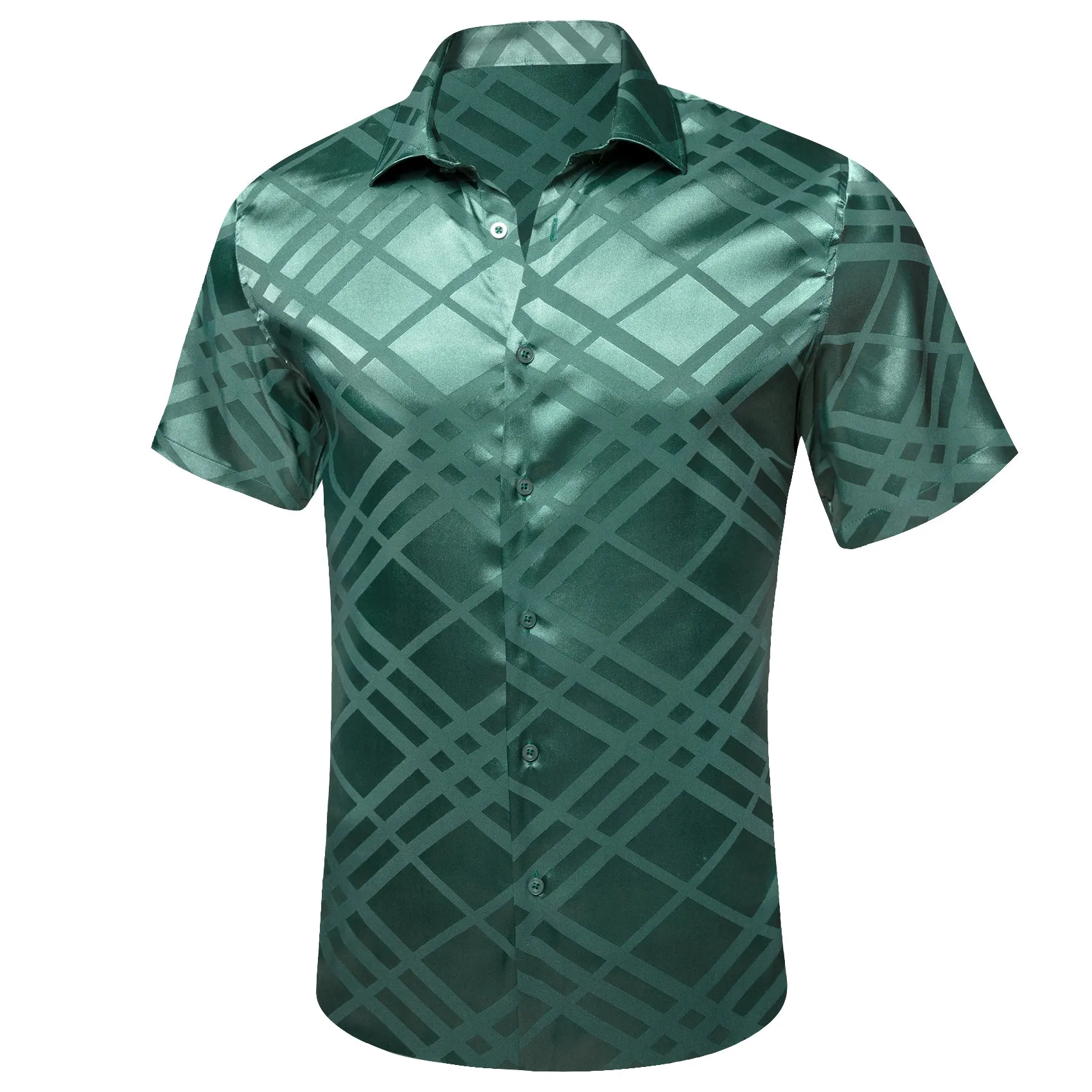 Mint Green Plaid Silk Men's Short Sleeve Shirt