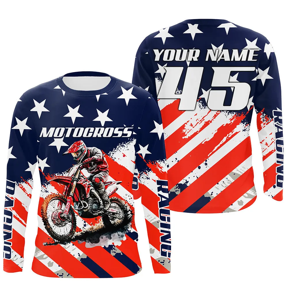 Motocross Jersey UPF30  American Flag Dirt Bike Racing Adult&Kid Off-Road Motorcycle Long Sleeve Shirt