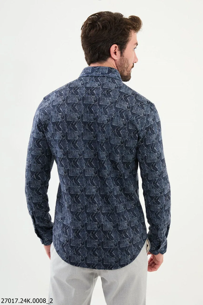 Navy Blue Geometric Pattern Shirt.