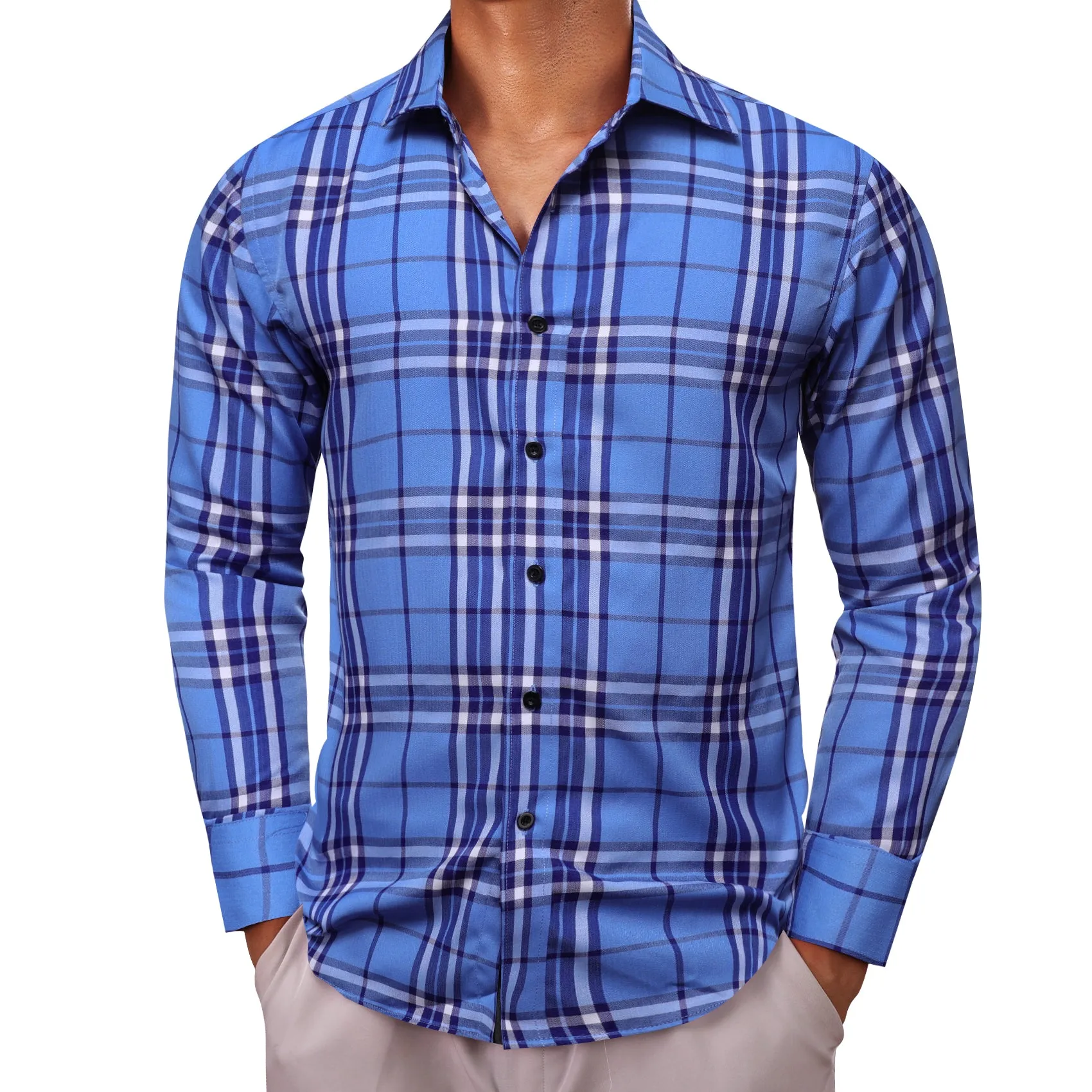 Ocean Blue Plaid Men's Long Sleeve Work Shirt