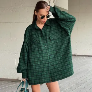 Oversized Plaid Drop Shoulder Bishop Sleeve Button Up Shirt - Emerald Green