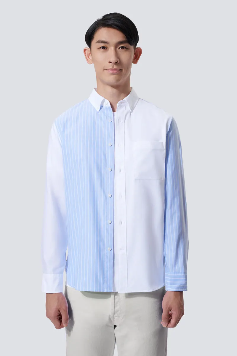 Oxford Button-Down Color Blocked Casual Shirt | White / Blue Stripes 81806N