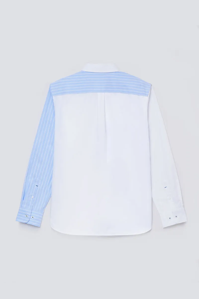 Oxford Button-Down Color Blocked Casual Shirt | White / Blue Stripes 81806N