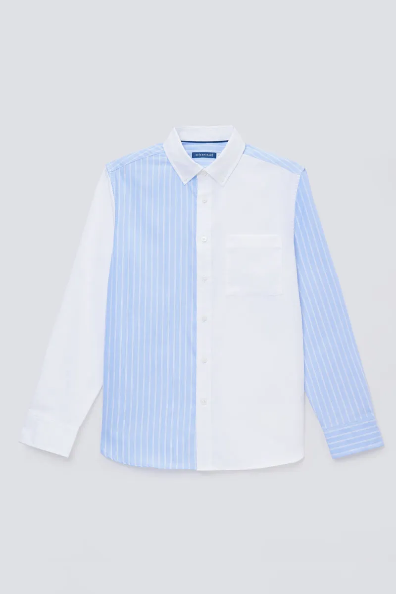 Oxford Button-Down Color Blocked Casual Shirt | White / Blue Stripes 81806N