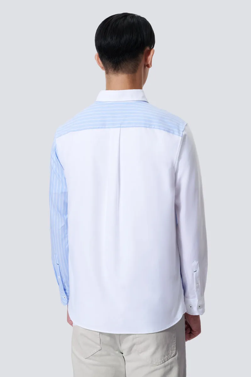 Oxford Button-Down Color Blocked Casual Shirt | White / Blue Stripes 81806N