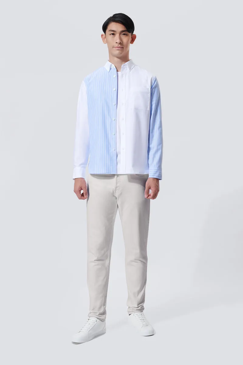 Oxford Button-Down Color Blocked Casual Shirt | White / Blue Stripes 81806N