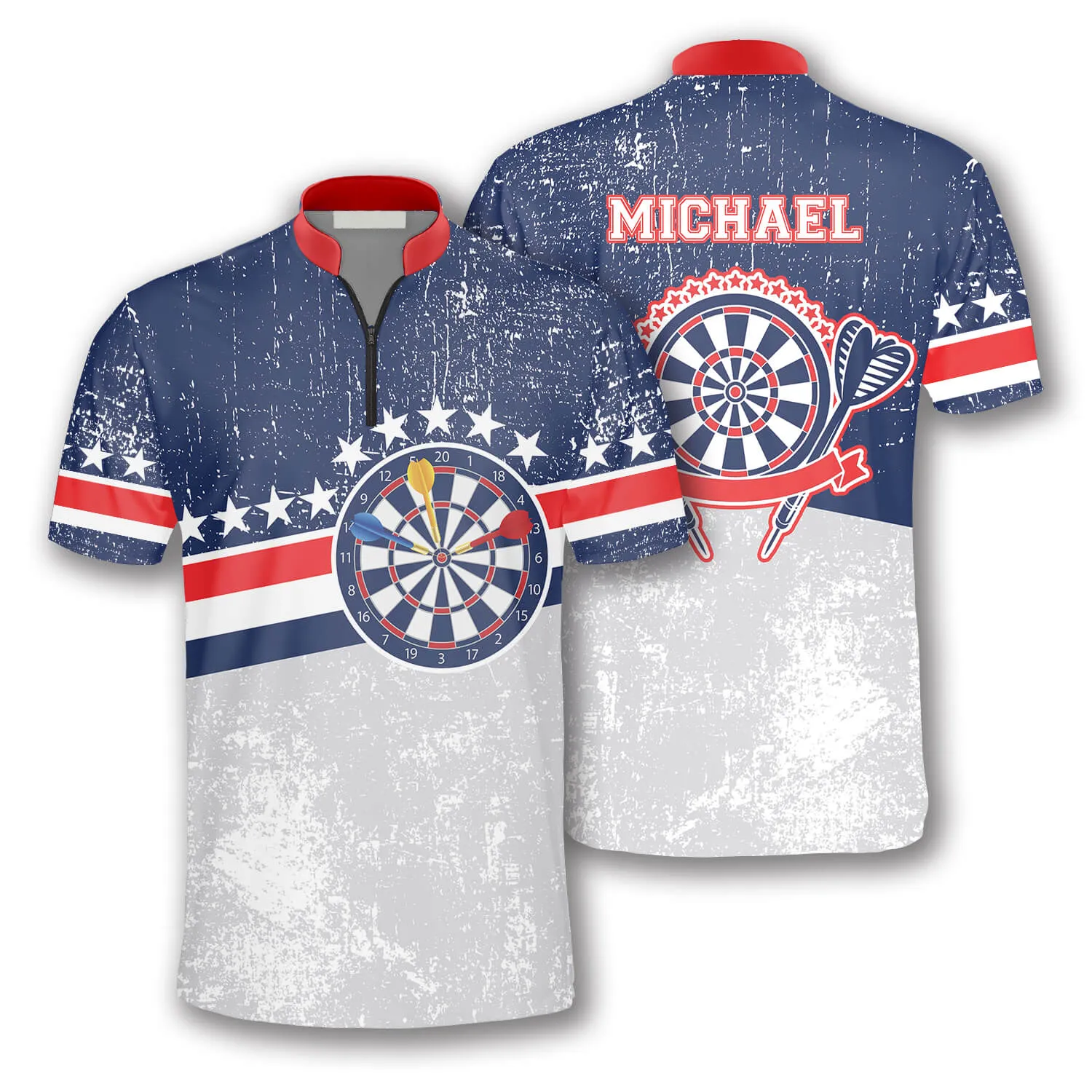 Patriotic Rustic Patch Custom Darts Jerseys for Men, White and Blue Dart Vintage Shirt