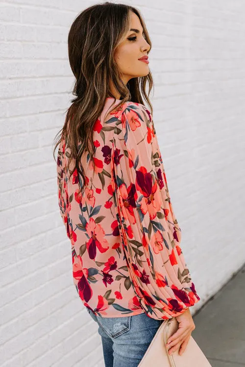 Peach Blossom Printed Pleated Long Sleeve Top