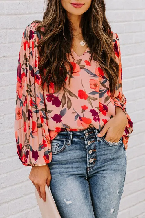 Peach Blossom Printed Pleated Long Sleeve Top