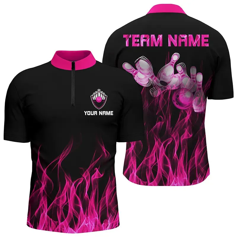 Personalized Men Bowling Shirt Multicolor Flame Bowling Ball and Pins, Bowling jerseys for Bowler