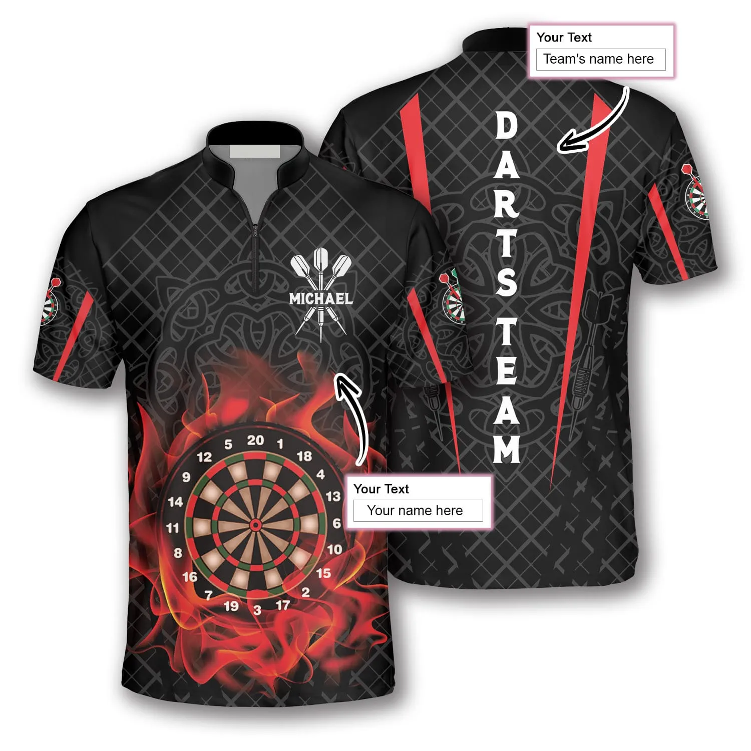 Personalized Name Team Board On Fire Celtic Pattern Custom Darts Jerseys For Men, Shirt for Dart Players