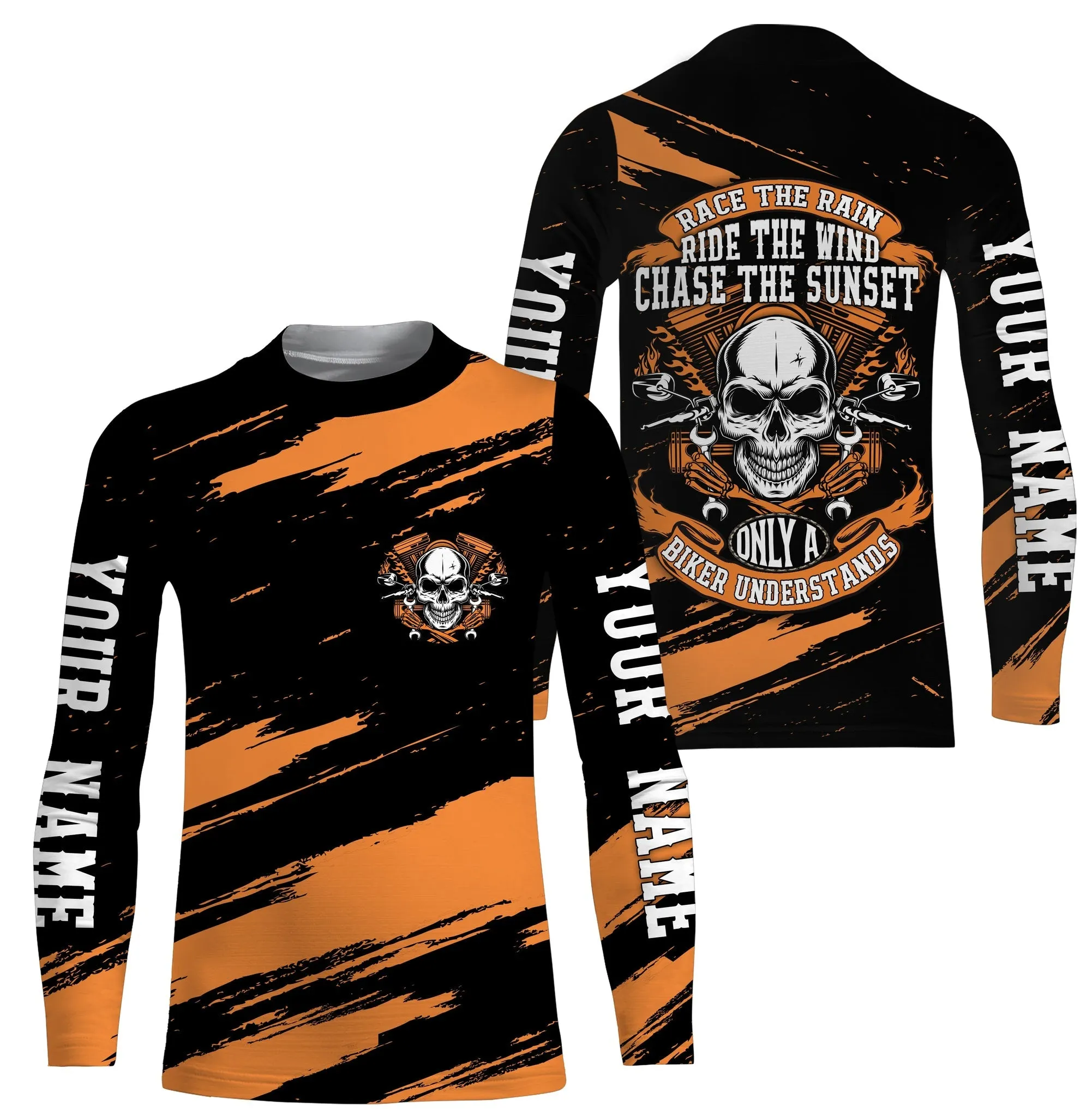 Personalized Riding Multicolor Pattern, Motocross Racing Dirt Bike Motorcycle Long Sleeve Shirt, Off-Road Skull Biker