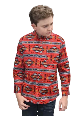 Platini Kid's Cotton Red Aztec Digital Print Dress Shirt