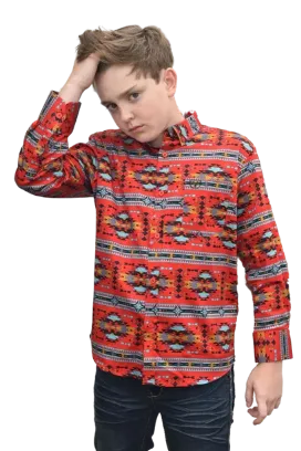 Platini Kid's Cotton Red Aztec Digital Print Dress Shirt