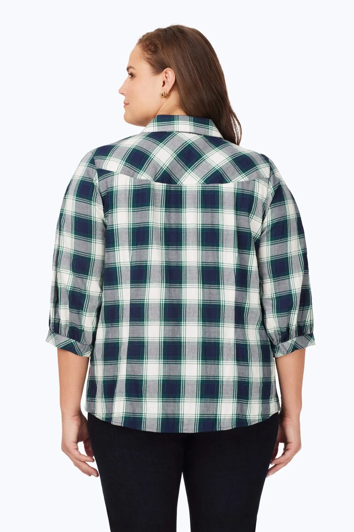 Plus Brushed Pleated Sleeve Plaid Shirt