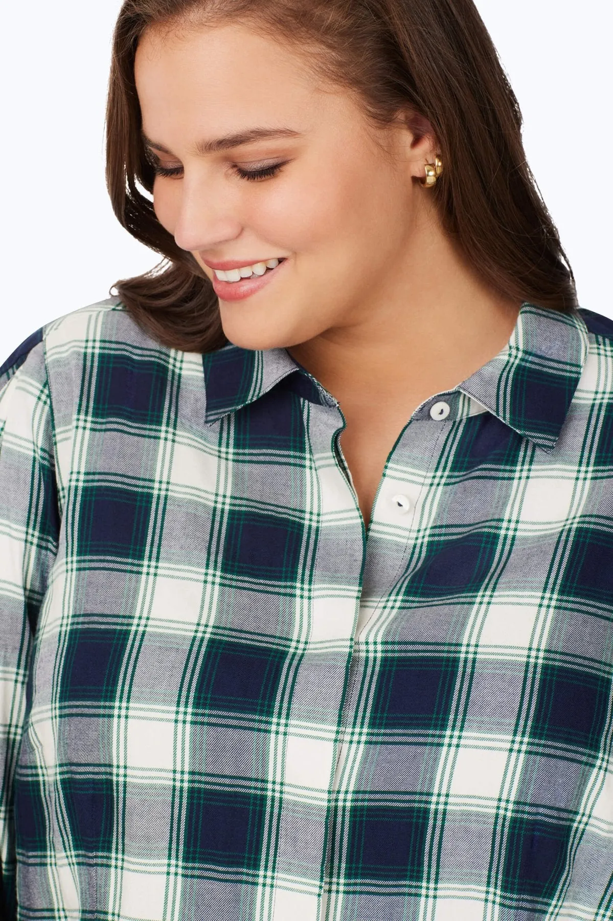 Plus Brushed Pleated Sleeve Plaid Shirt