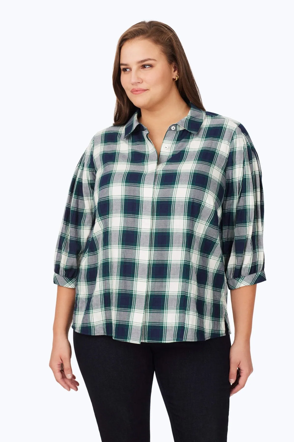 Plus Brushed Pleated Sleeve Plaid Shirt