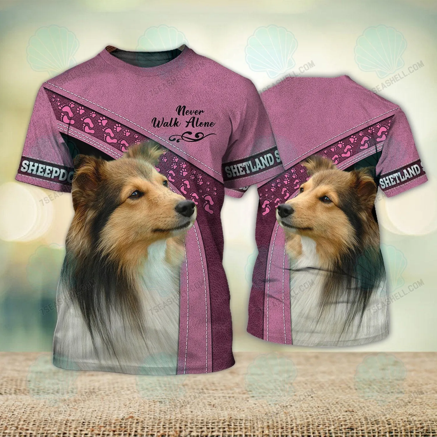 Shetland Sheepdogs Love Pink Never Walk Alone 3D Full Print Shirts, Christmas Dog Memorial Gifts for loss of Dog