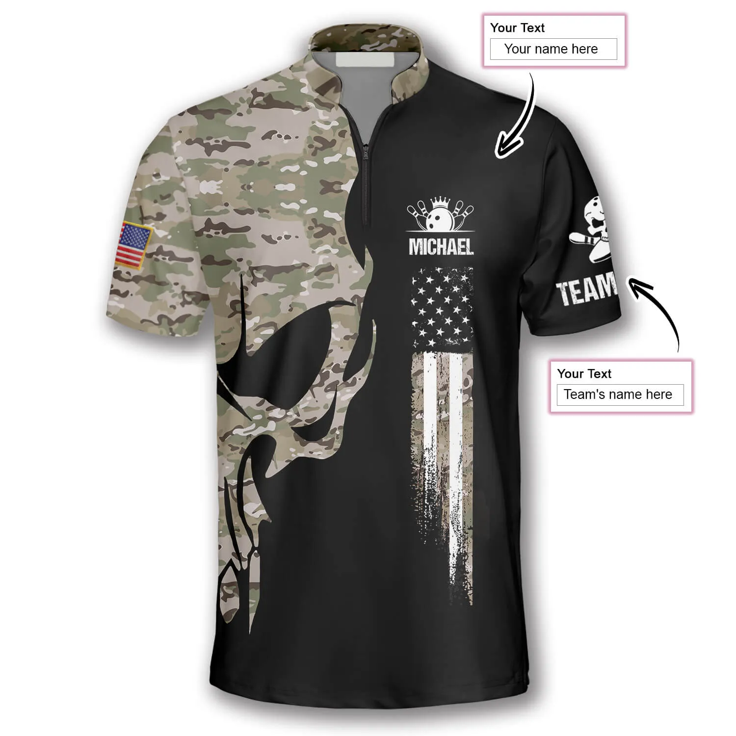 Skull Camouflage Custom Bowling Jerseys for Men, 3D All Over Print Bowling Shirt, Skull Shirt for Bowler