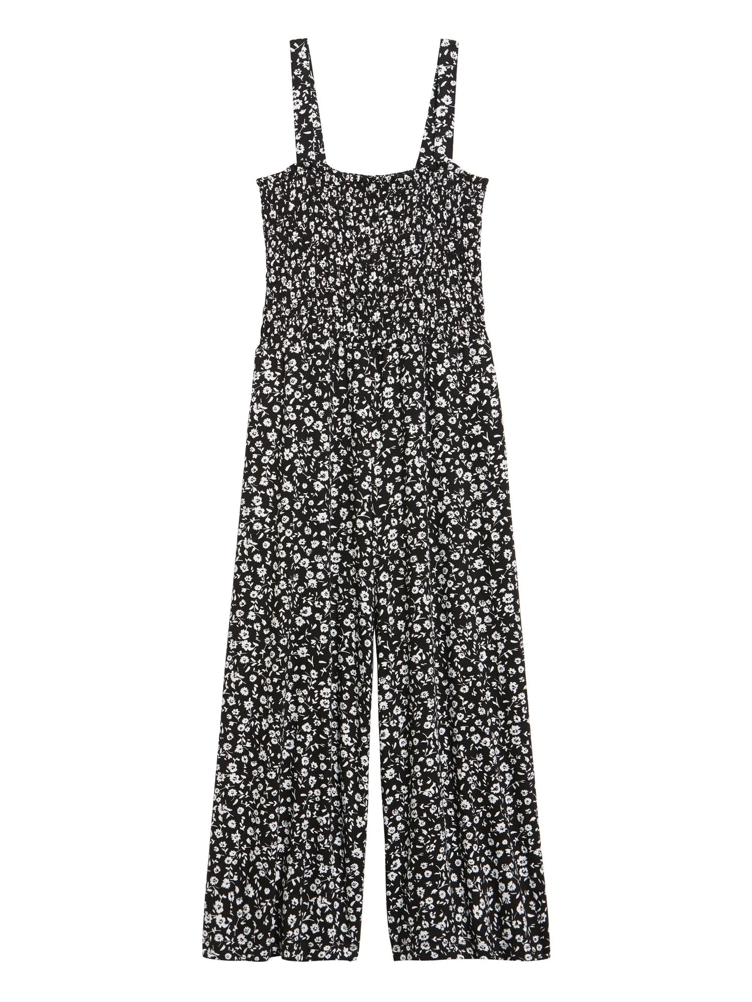 Smocked Knit Cropped Jumpsuit in Black Ditsy Floral