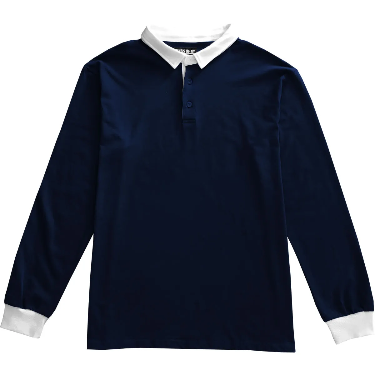 Solid Navy Blue with White Collar Mens Long Sleeve Polo Rugby Shirt