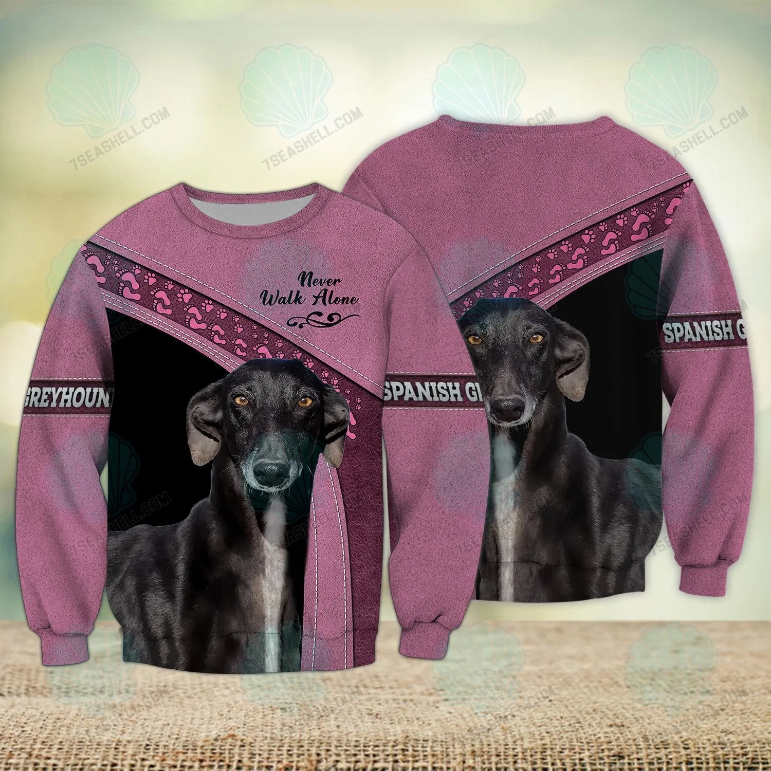 Spanish Greyhound Pink Love Never Walk Alone 3D Full Print Shirts, Christmas Dog Memorial Gifts for loss of Dog