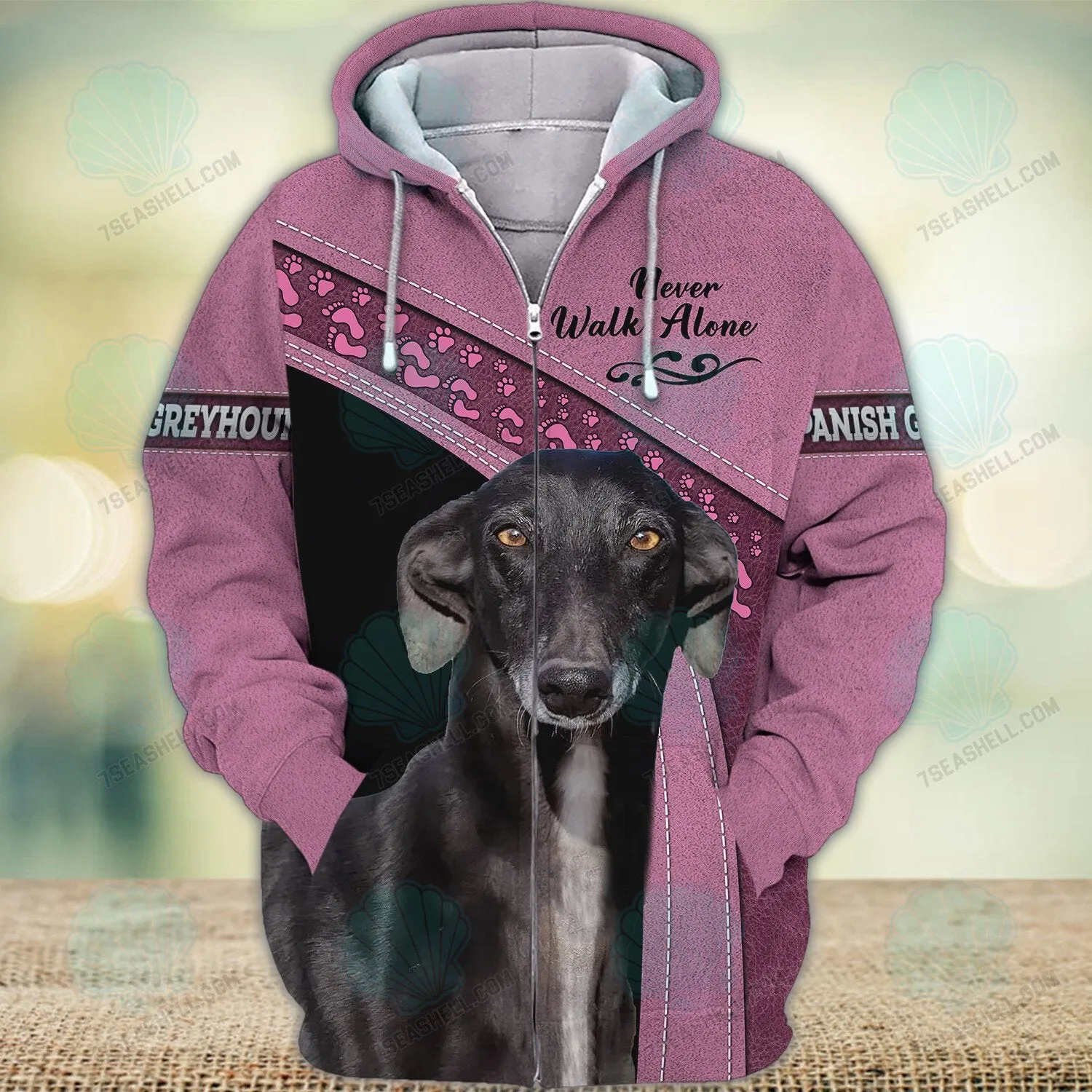 Spanish Greyhound Pink Love Never Walk Alone 3D Full Print Shirts, Christmas Dog Memorial Gifts for loss of Dog