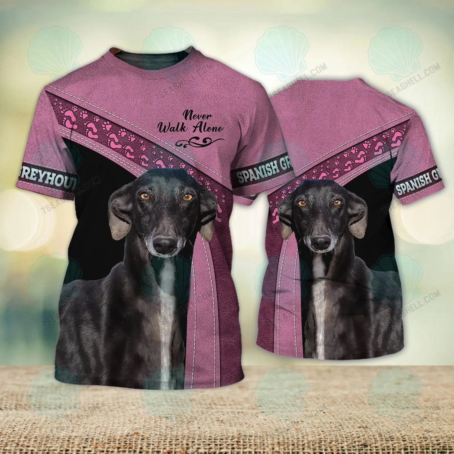 Spanish Greyhound Pink Love Never Walk Alone 3D Full Print Shirts, Christmas Dog Memorial Gifts for loss of Dog