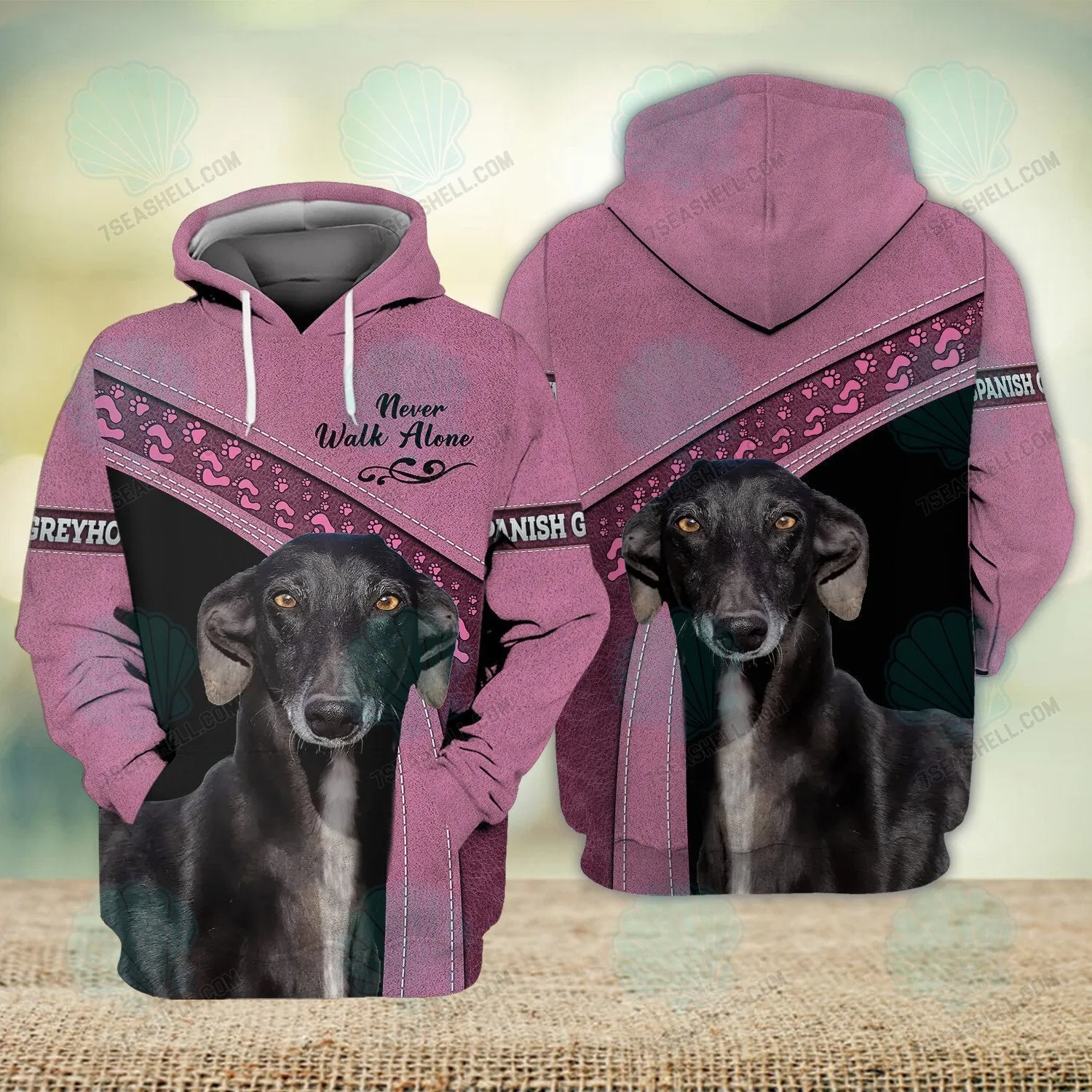 Spanish Greyhound Pink Love Never Walk Alone 3D Full Print Shirts, Christmas Dog Memorial Gifts for loss of Dog