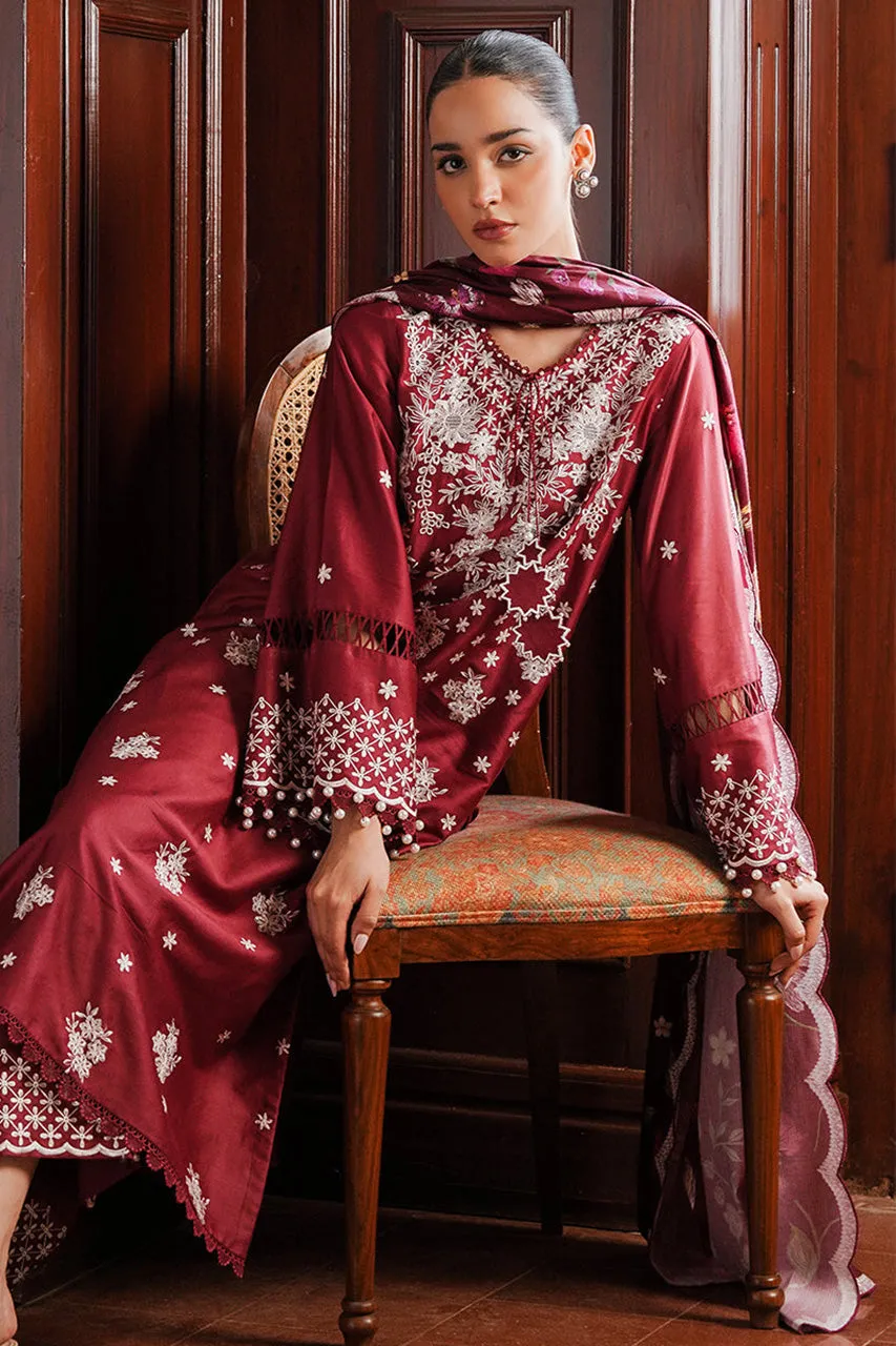 STAIN DE LUXE'24-DEEP BERRY-3PC SATIN EMBROIDERED SUIT (RTS)