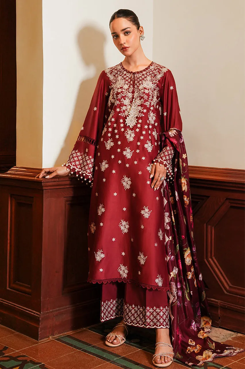 STAIN DE LUXE'24-DEEP BERRY-3PC SATIN EMBROIDERED SUIT (RTS)