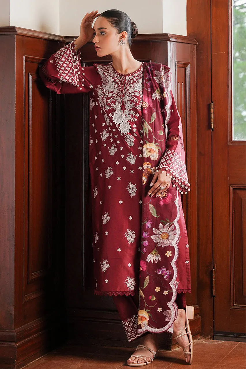 STAIN DE LUXE'24-DEEP BERRY-3PC SATIN EMBROIDERED SUIT (RTS)