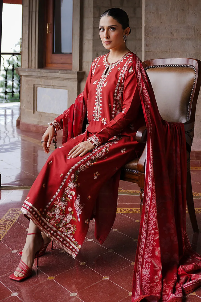 STAIN DE LUXE'24-RUBY WHISPER-3PC SATIN EMBROIDERED SUIT