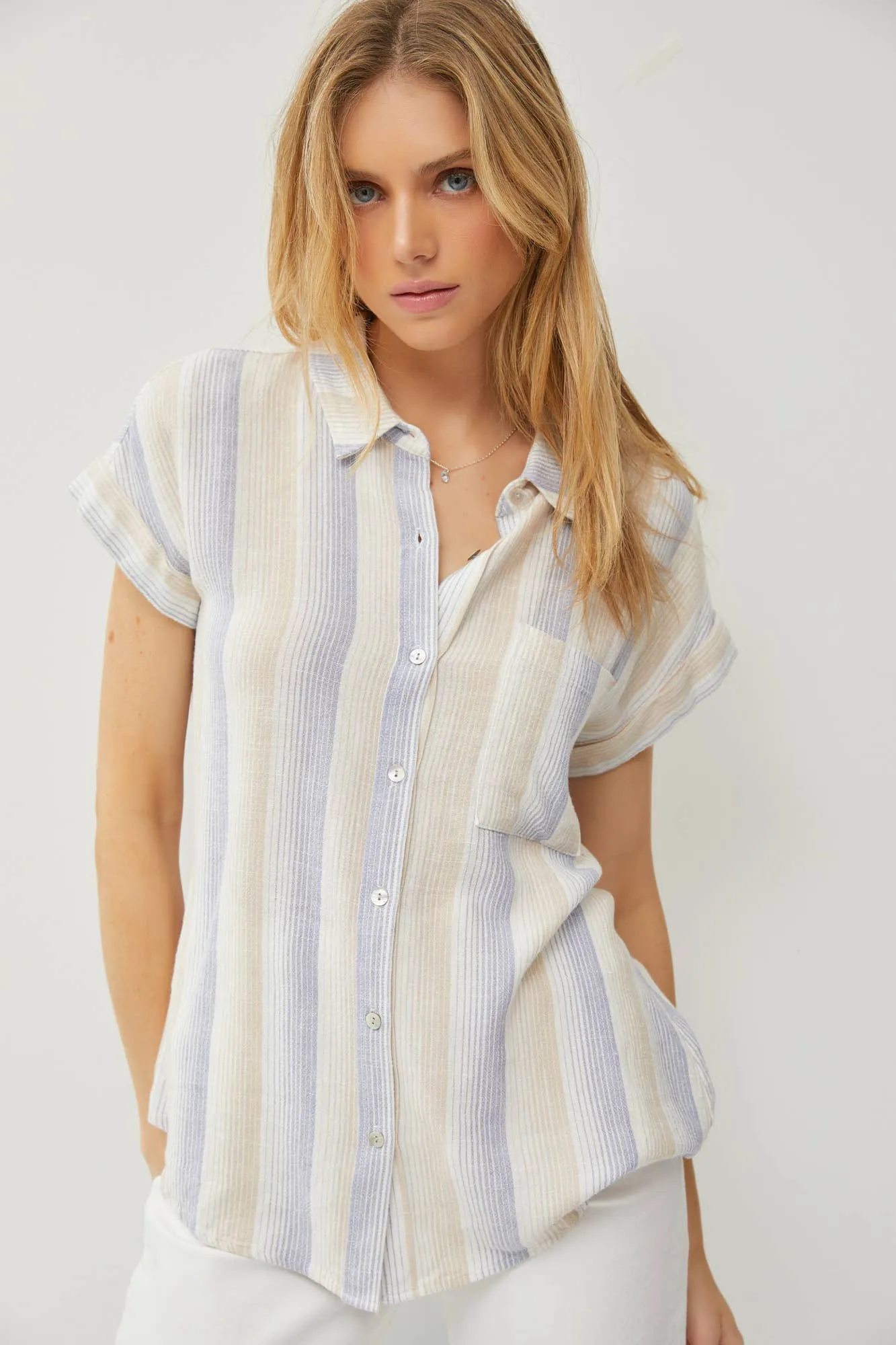 STRIPED SHORT DOLMAN SLEEVE BUTTON DOWN SHIRT