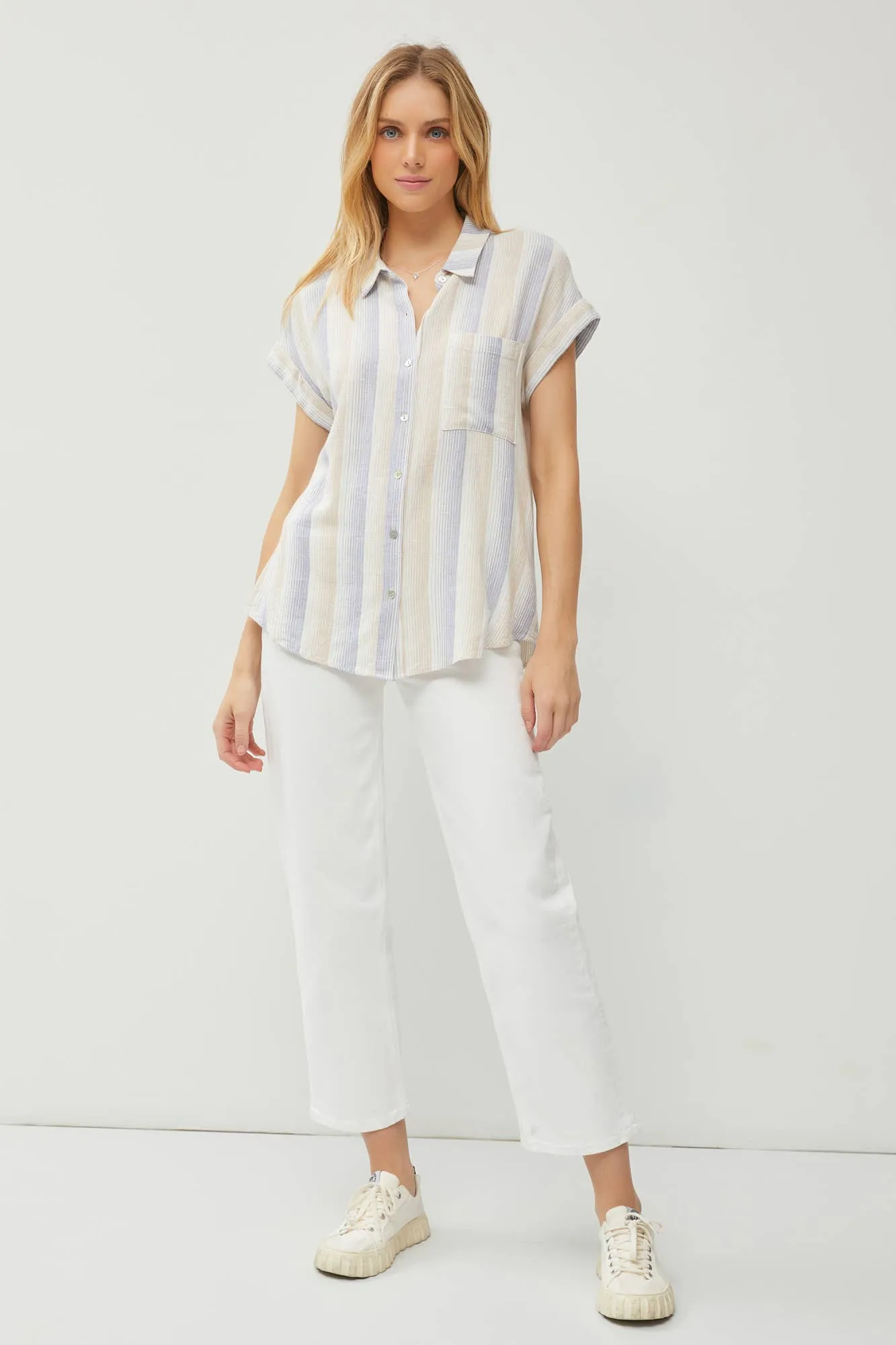 STRIPED SHORT DOLMAN SLEEVE BUTTON DOWN SHIRT