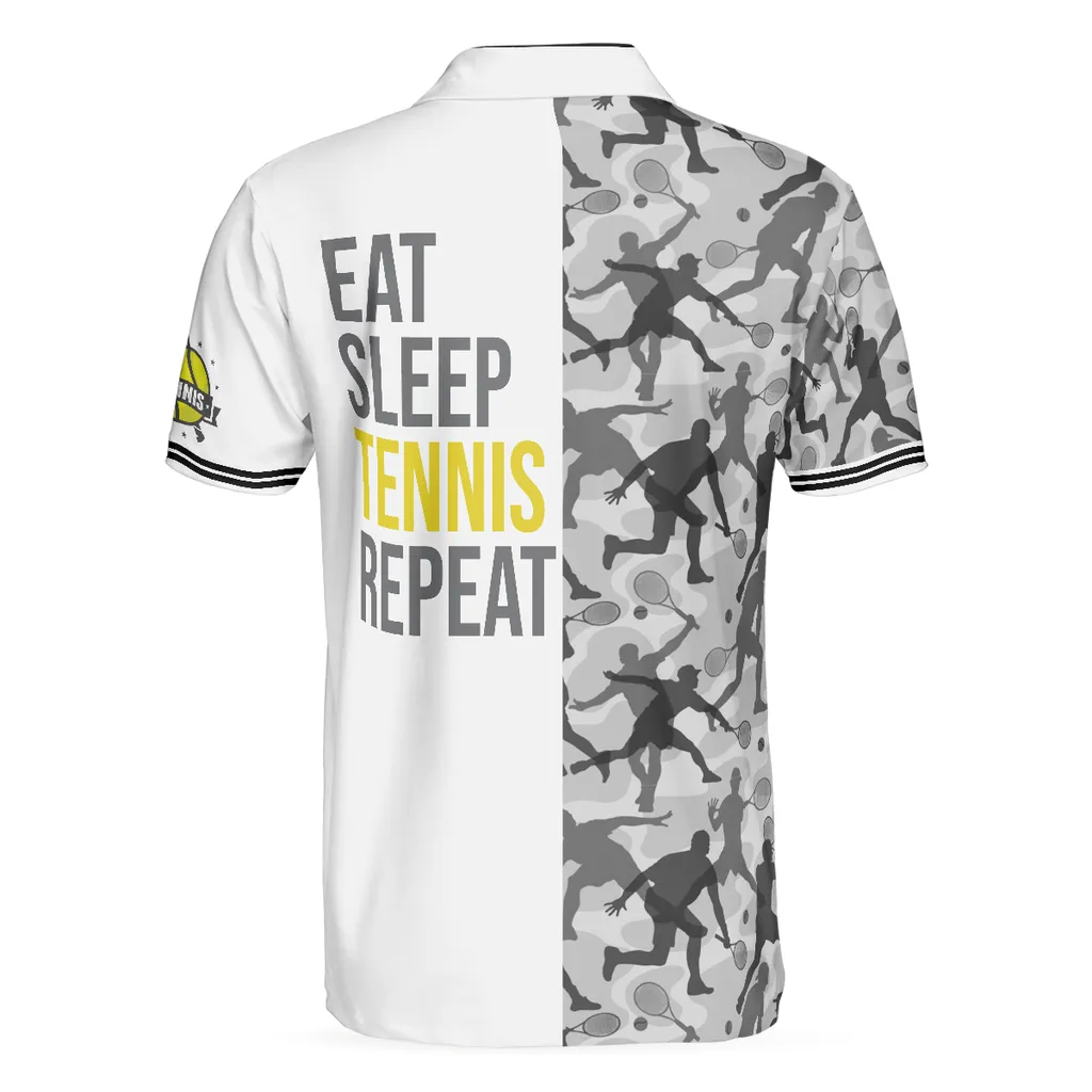 Tennis White Eat Sleep Tennis Repeat All Over Printed 3D Polo Shirt, Gift for Tennis Players