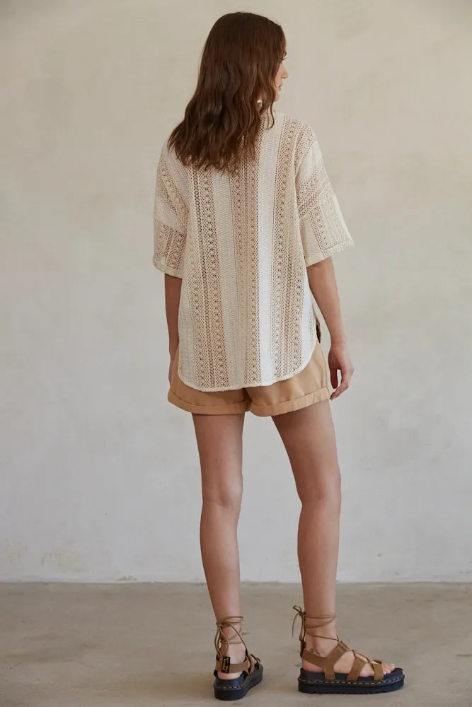 The Cavalleri Short Sleeve Crochet Button Down - Natural