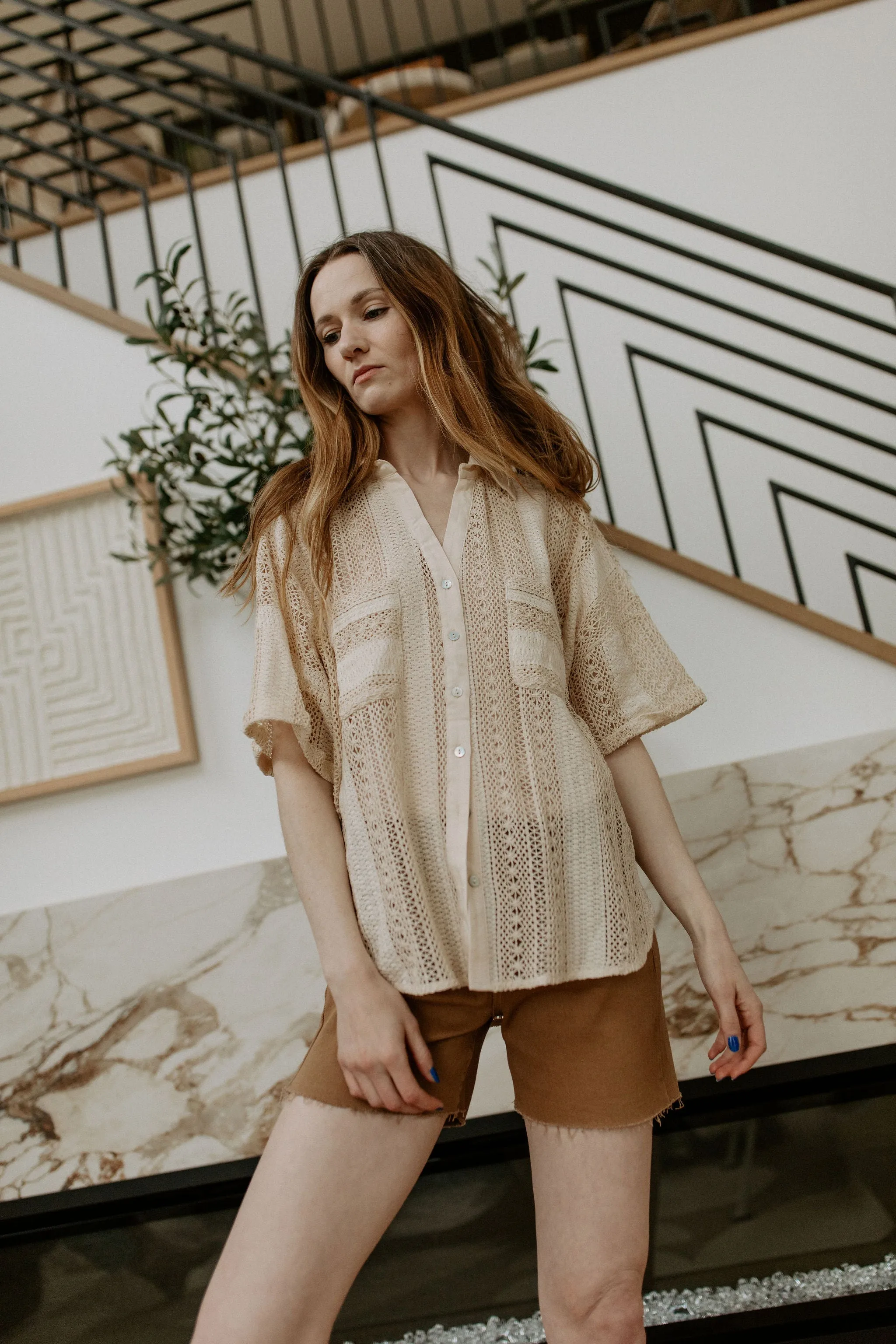 The Cavalleri Short Sleeve Crochet Button Down - Natural