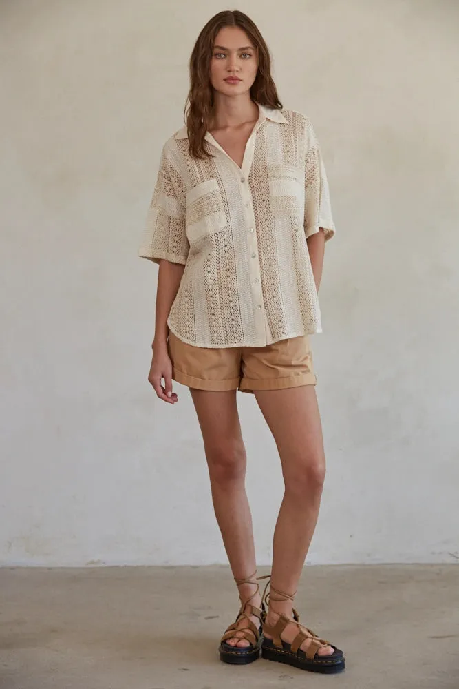 The Cavalleri Short Sleeve Crochet Button Down - Natural