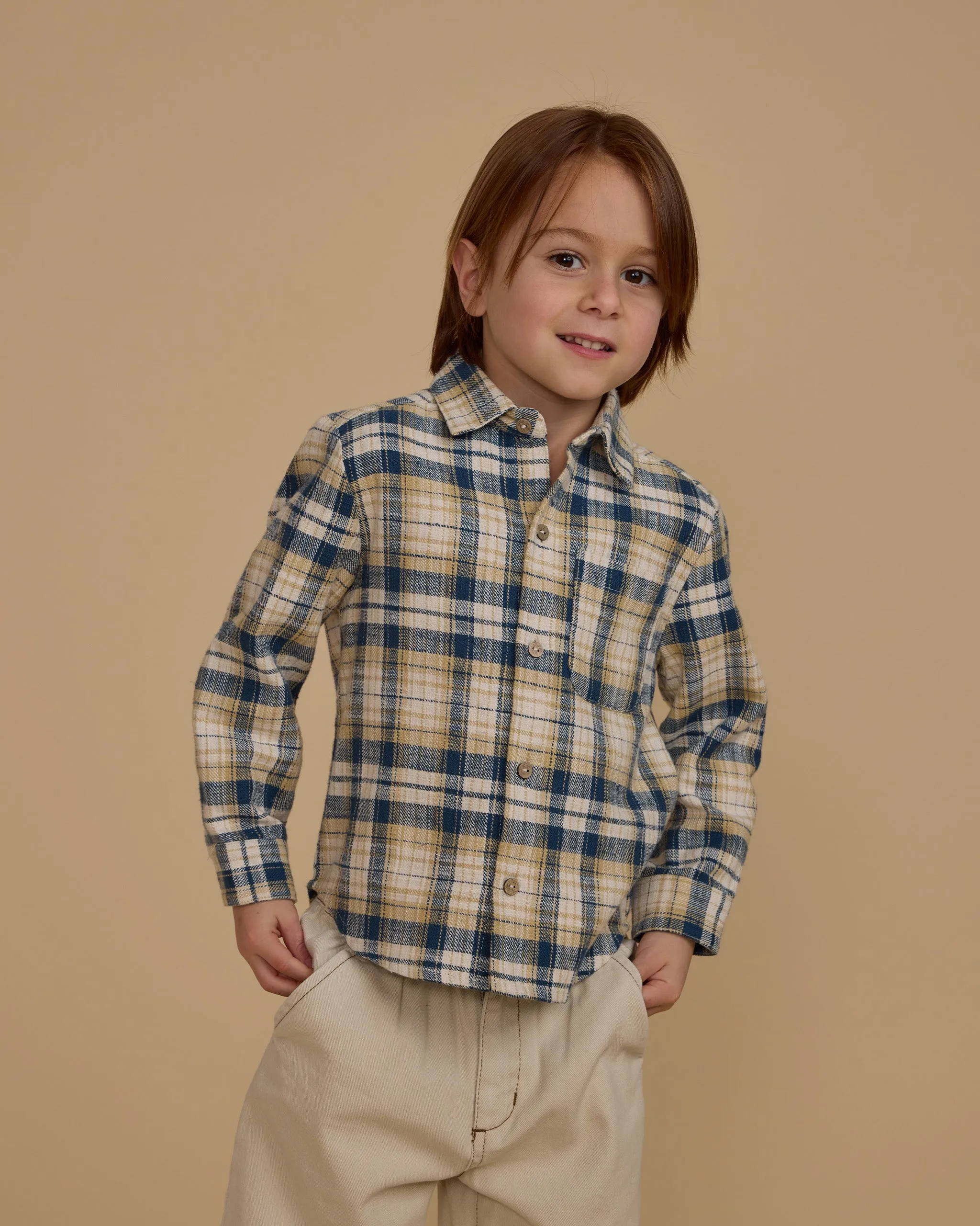 The Collared Long Sleeve Shirt by Rylee   Cru - Indigo Plaid - BABY