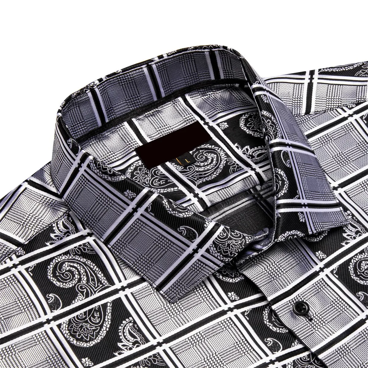 Ties2you Dress Shirt Black Grey Plaid Paisley Silk Button Down Long Sleeve Shirt for Men