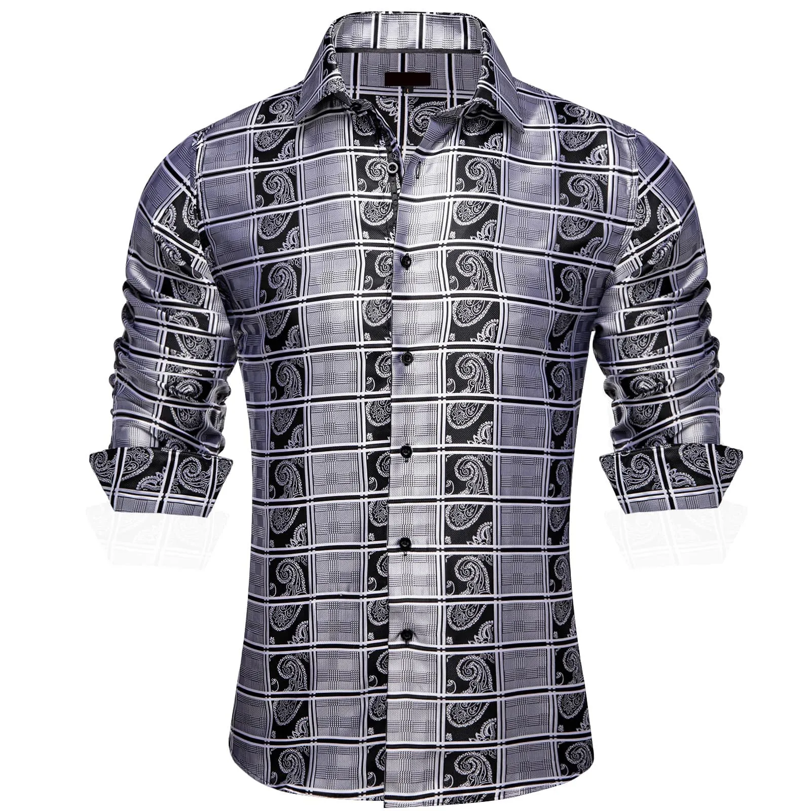 Ties2you Dress Shirt Black Grey Plaid Paisley Silk Button Down Long Sleeve Shirt for Men