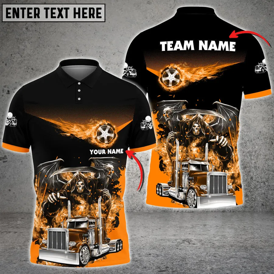 Truck Chasing Flame Skeleton Multicolor Personalized Name Polo Shirt For Truck Driver